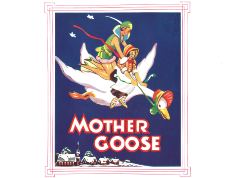An old poster for the Mother Goose pantomime. A blue background with a graphic of two people flying on a large goose.